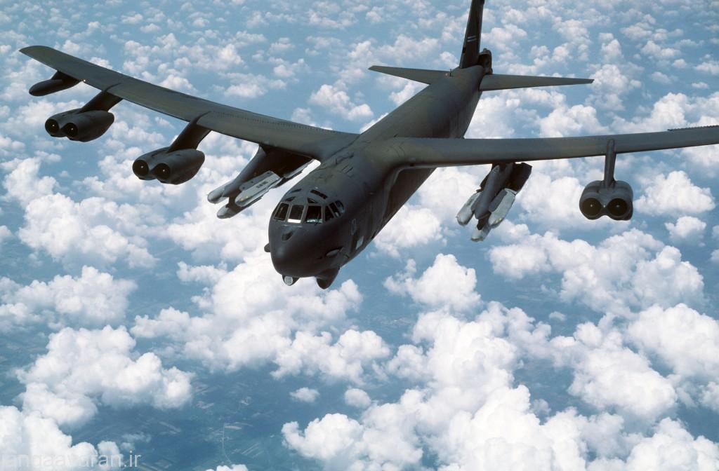 An air-to-air front view of a B-52G Stratofortress aircraft from the 416th bombardment Wing armed with AGM-86B air-launched cruise missiles (ALCMs).