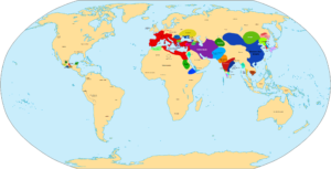 نقشه جهان در دوران ظهور پارتیان. امپراتوری اشکانی با رنگ بنفش مشخص شده