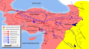 مسیر لشکرکشی ایران ساسانیان و بیزانس در خاک یکدیگر ساسانیان با فلش قرمز و ارتش هراکلیوس با فلش آبی مشخص شده اند