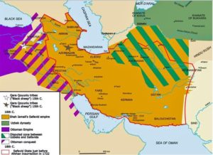 ایران در دوره صفوی مناطق هاشور خورده به رنگ بنفش برای قرن ها محل جنگ با عثمانی بود