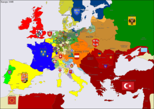 نقشه اروپا در 1648. اروپایی ها بیش از هفتاد سال درگیر جنگ های مذهبی بودند و امپراتوری عثمانی به دلیل درگیری با ایران نتواست از این فرصت استفاده چندانی بکند