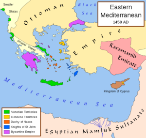جزیره رودس قلمرو شوالیه های سنت جان با رنگ آبی در نقشه مشخص شده علی رغم کوچکی قلمرو برای امپراتوری عثمانی دردسرهای جدی درست کردند