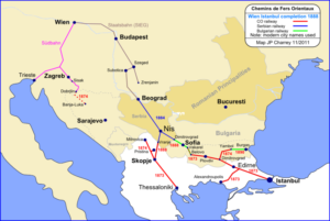 مسیرخطوط راه آهن عثمانی به سمت اروپا تا سال 1888