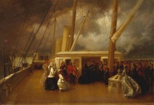 ملکه ویکتوریا و پرنس آلبرت در روی کشتی در حالی گفتگو با عبدالعزیز