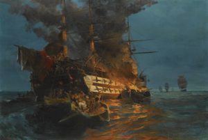 یک کشتی آتش گرفته مصری در سواحل یونان. ورود ارتش مصر معادله جنگ استقلال یونان را به نفع عثمانی عوض کرد
