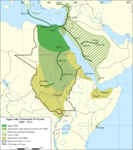 نقشه گسترش قلمرو مصر از زمان آغاز حکومت محمد علی پاشا تا سال 1914