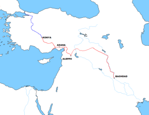 مسیرخط آهن برلین- بغداد. این طرح بلند پروازانه به دلیل جنگ جهانی اول نیمه تمام باقی ماند 