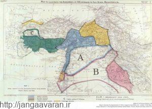 نقشه تقسیم جدید خاورمیانه براساس موافقت نامه ژان دمورین. مناطق سبز رنگ قرار بود به ایتالیا واگذارشود
