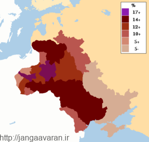 نقشه مناطق سکونت یهودیان در روسیه. در طی جنگ جهانی اول متفقین و متحدین هر دو سعی در جلب نظر یهودیان روسیه به نفع خود داشتند