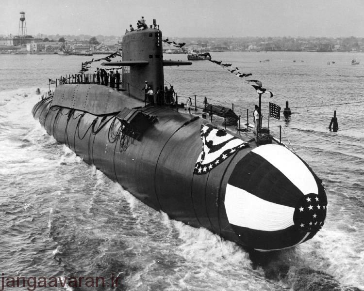 590609-N-XXXX-001 GROTON, Conn. (June 9, 1959) The ballistic-missile submarine USS George Washington (SSBN 589) slides down the ways during her launching ceremony at Electric Boat Division of General Dynamics Corporation, Groton, Conn. George Washington was originally scheduled to become USS Scorpion (SSN 589) but during her construction she was lengthened by the insertion of a 130-foot missile section and was finished as a fleet ballistic-missile submarine. George Washington was commissioned as the Navy's first nuclear-powered fleet ballistic-missile submarine on Dec. 31, 1959. (U.S. Navy photo/Released)