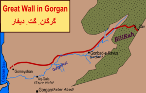 مسیر دیوار دفاعی بزرگ گرگان که قرار بود جلوی هجوم اقوام وحشی از آسیای مرکزی را بگیرد