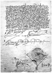 فرمان الحمرا که منجر به اخراج یهودیان و مسلمانان از اسپانیا شد. امضای فردیناند و ایزابل پادشاه و ملکه اسپانیا پای آن دیده می شود