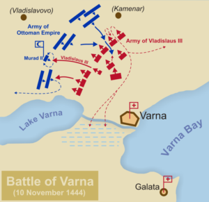نقشه نبرد وارنا. نیمی ازاروپا در این جنگ صلیبی در مقابل عثمانی قرار گرفت