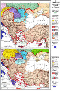 تغییرات ارضی امپراتوری عثمانی قبل(نقشه بالا) و بعد (نقشه پایین) معاهده کارلوویتس
