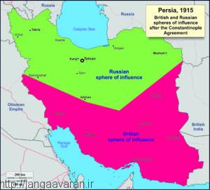 نقشه تقسیم ایران به حوزه نفوذ روسیه و انگلستان در سال 1915. ورود عثمانی به غرب ایران تمام این معادلات را برهم زد