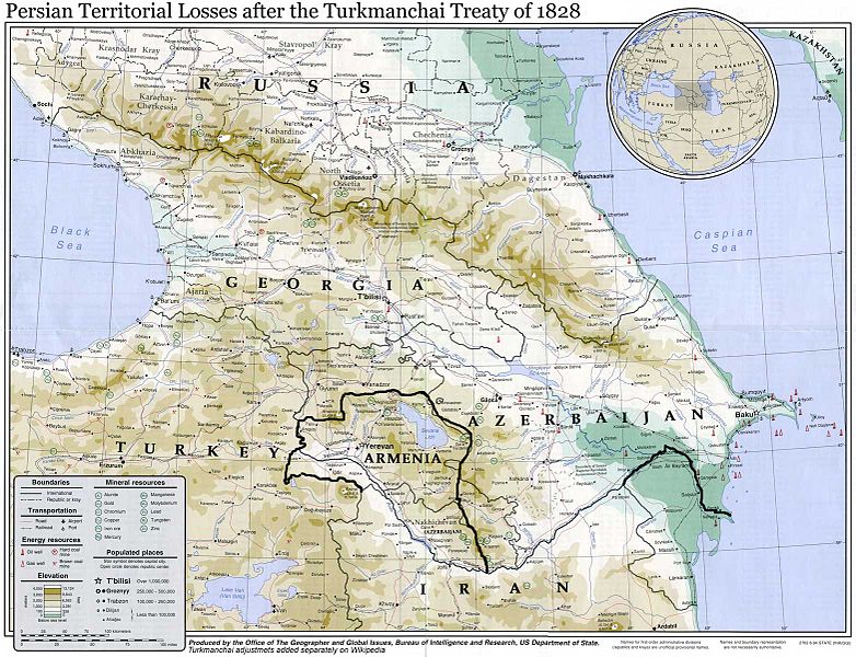 خطوط مرزی ایران و روسیه بعد از معاهده گلستان و پیش از ترکمنچای(خط سیاه رنگ)
