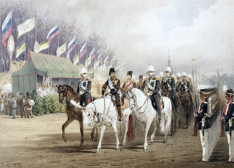 الکساندر دوم و ناصرالدین شاه در جریان مراسم استقبال از شاه قاجار در اولین سفرش به اروپا