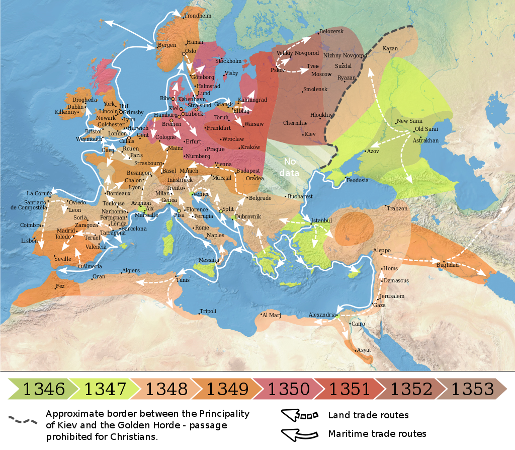 نقشه مربوط به همه گیری طاعون سیاه در خاورمیانه ،شمال آفریقا و اروپا