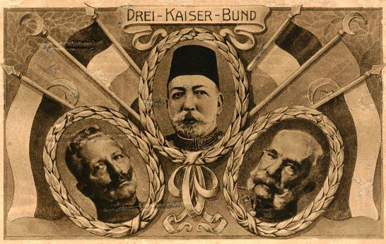 پوستر تبلیغاتی متحدین با حضور سلطان محمدپنجم، امپراتور فرانتس ژوزف و امپراتور ویلهلم دوم